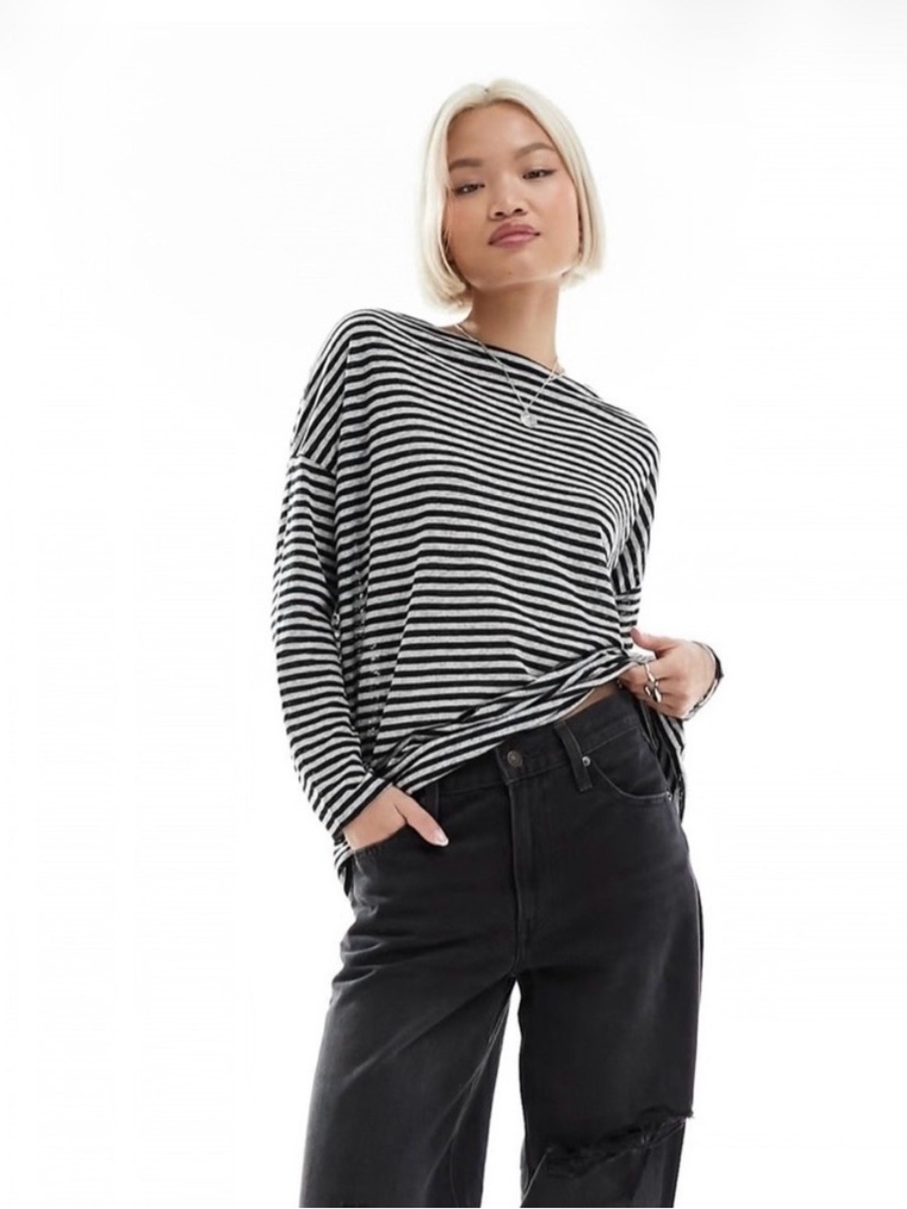 All Saints Black and White Striped Long Sleeve Oversized Tee